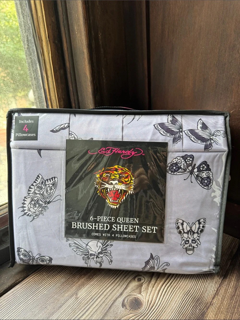 Ed Hardy Queen Brushed Sheet Set in Light Gray with Butterfly Print